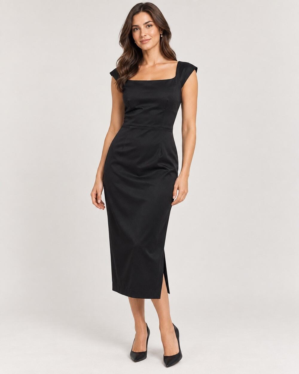 Milly Black Satin Square Neck Midi Dress Size 10 Cap Sleeve Sheath